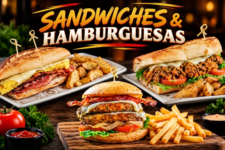 Category of sandwiches and hamburgers with various toppings and sides. Includes a bacon and egg sandwich and a double