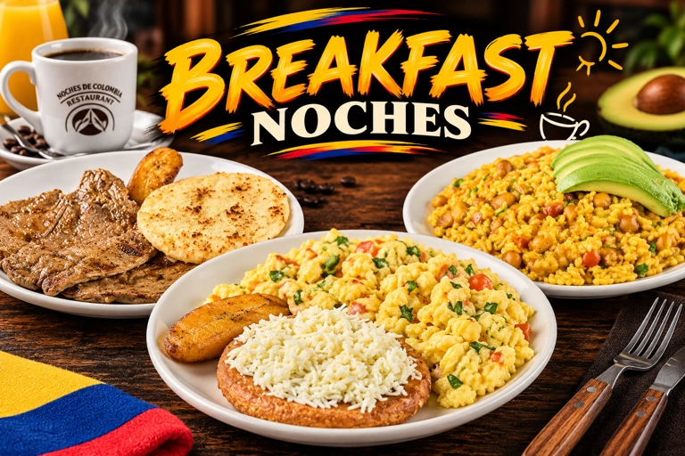 Colombian breakfast category featuring plates with scrambled eggs, rice, arepas, and grilled steak. Avocado slices and
