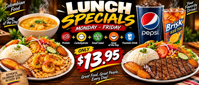 Weekly specials category featuring Colombian cuisine with dishes like grilled shrimp and steak, rice, salad, and soup.