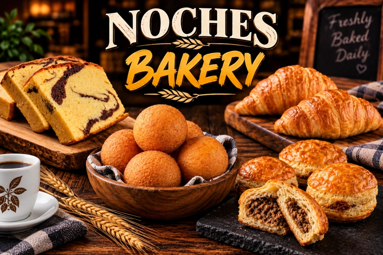 Bakery category featuring a variety of baked goods including croissants, marble cake, and filled pastries. Noches Bakery
