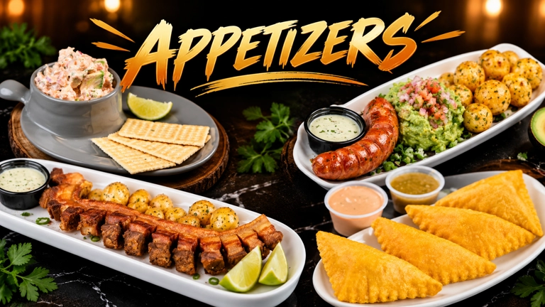 Appetizers assortment featuring empanadas, sausage, and guacamole. Cuisine type and city unknown.