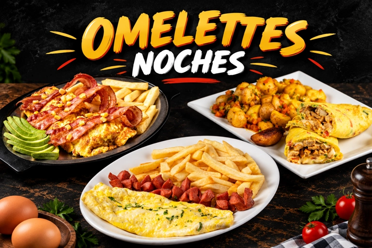Omelette category with various omelettes, fries, and avocado slices. Cuisine type and city unknown.