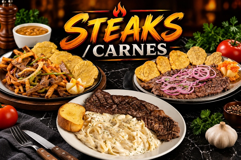 Carnes menu category featuring various steak dishes with sides. Includes grilled steak with pasta and plantains. Cuisine
