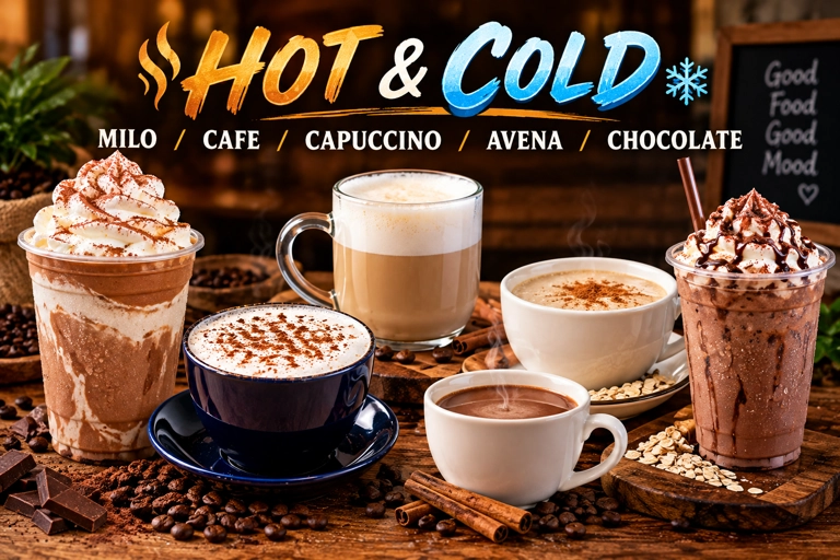 Hot and Cold beverages category featuring various drinks like cappuccino and chocolate. Includes hot and iced options.