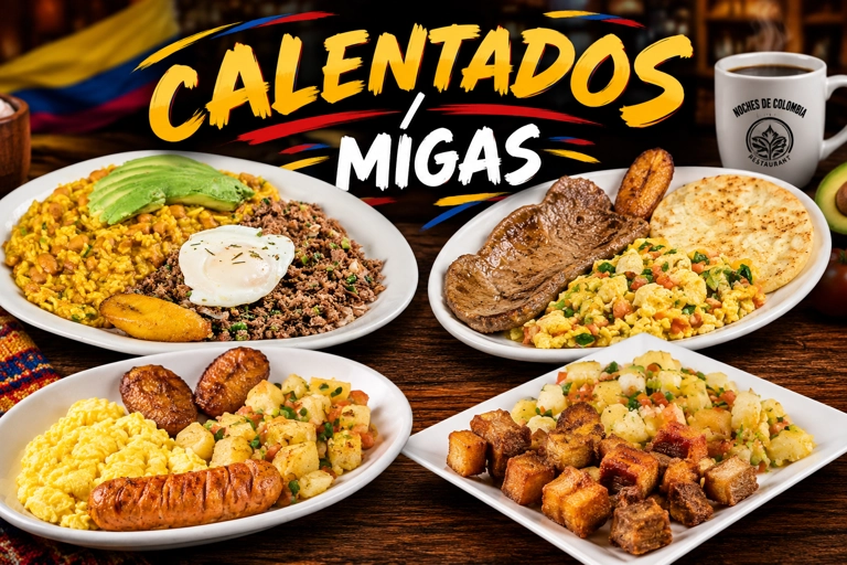 Colombian Calentados and Migas category with dishes like rice with beans, avocado, and fried egg, served in a restaurant.
