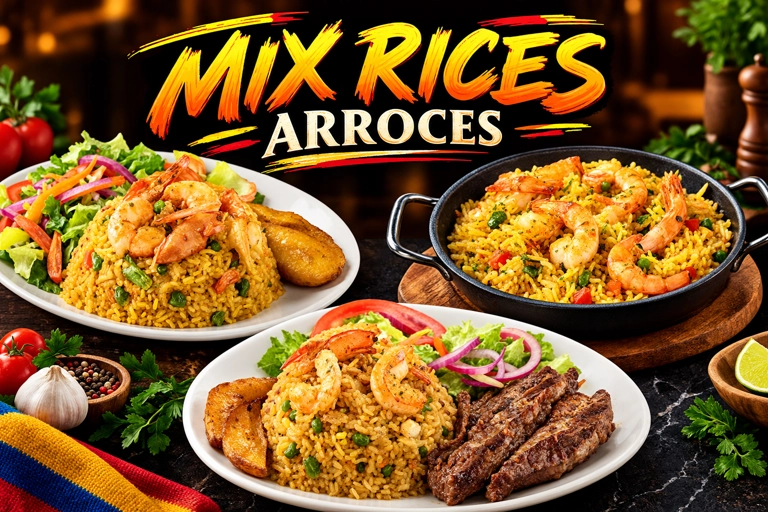 Category of mixed rices with shrimp and plantains, possibly Latin cuisine. Includes a dish with grilled meat and salad.
