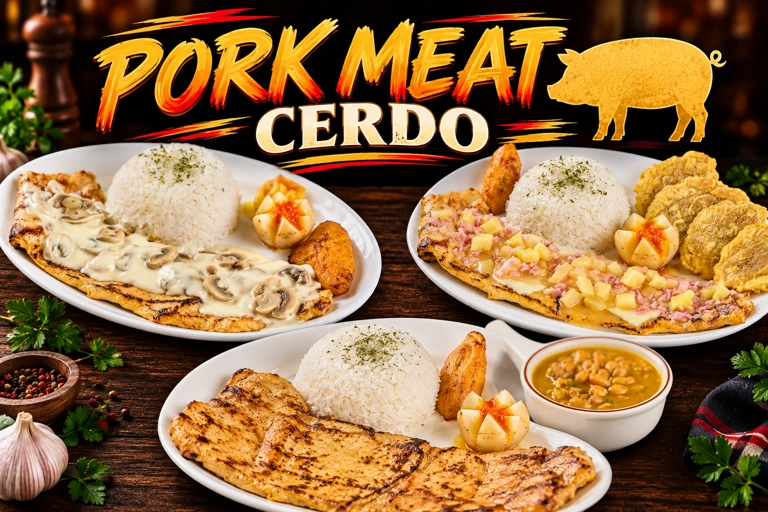 Pork dishes with rice and sides, representing the PORK category. Cuisine type and city unknown.