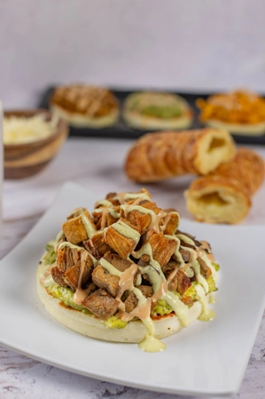 Grilled Steak, Pork Skin and Guacamole Corn Cake