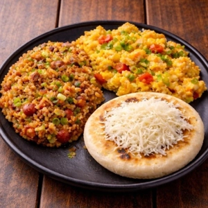 Calentado colombiano con arroz y frijoles, huevos pericos con cebolla y tomate, y arepa con queso en Weehawken Township.